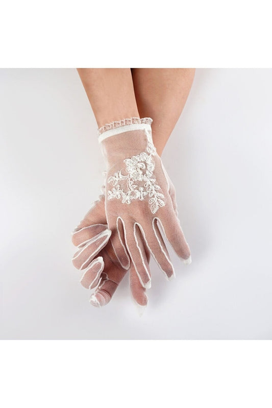 Fransız Dantel Detaylı Gelin Eldiveni Beyaz